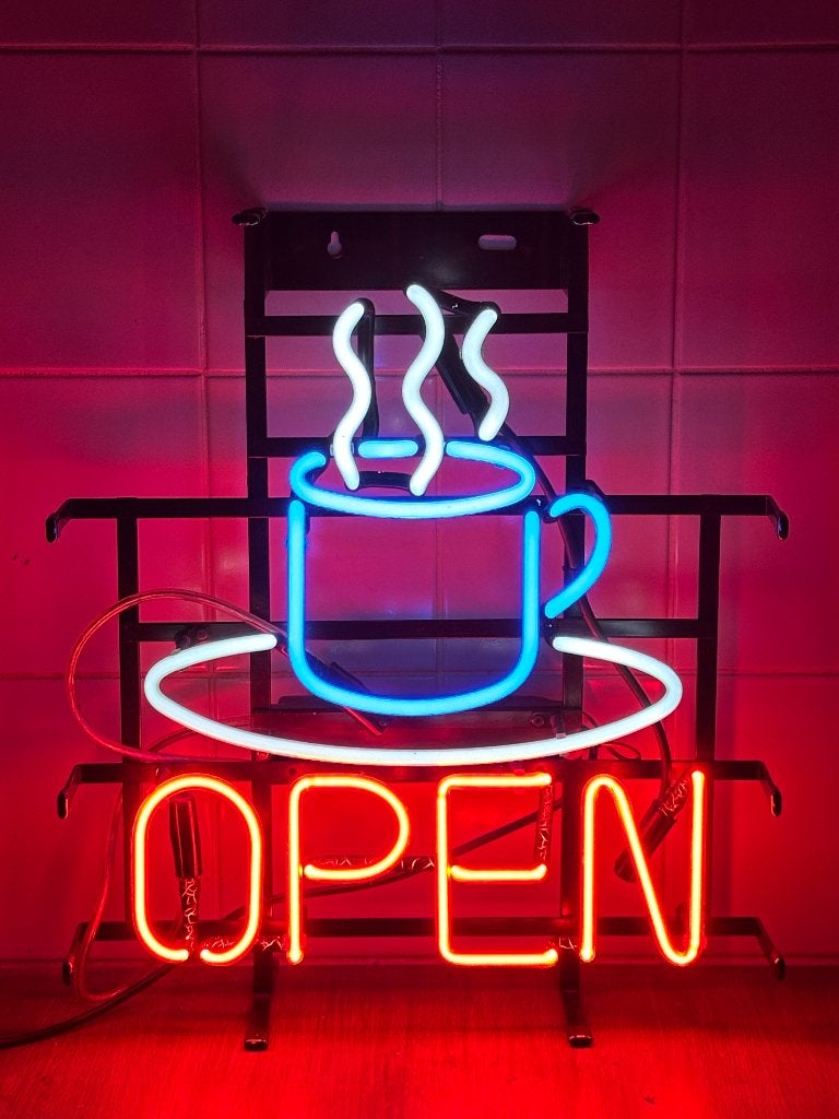 Neon Open Lichtbak Koffie Kopje - Café Reclame, Ophalen of Verzenden, Zo goed als nieuw, Lichtbak of (neon) lamp