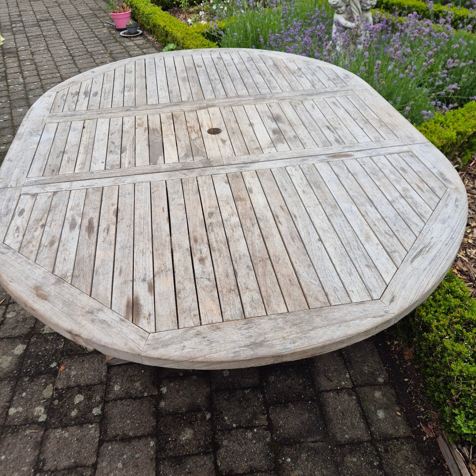 Grote Teakhouten Tuintafel - Ovaal/Rond 150-200 cm, Ophalen, Gebruikt, Ovaal, Teakhout