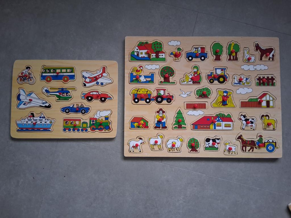 Houten puzzels: voertuigen en boerderij, Ophalen of Verzenden, 10 tot 50 stukjes, Gebruikt, Van hout