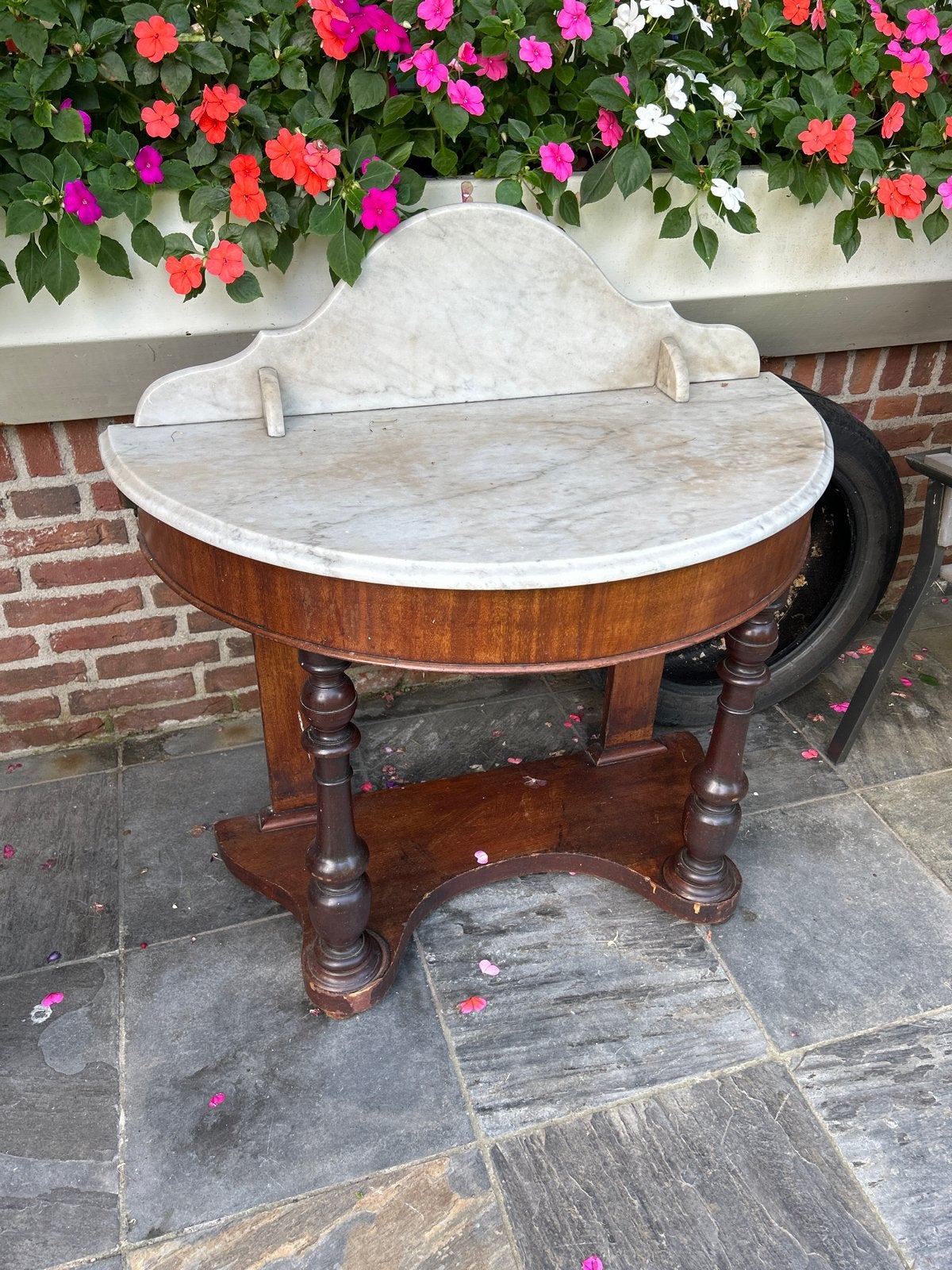 Antieke marmeren haltafel met houten onderstel, Ophalen of Verzenden