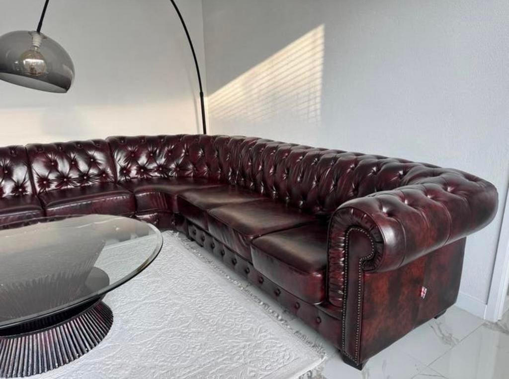 Luxe Chesterfield Hoekbank - Bordeauxrood, Ophalen, 100 tot 125 cm, Hoekbank, 300 cm of meer