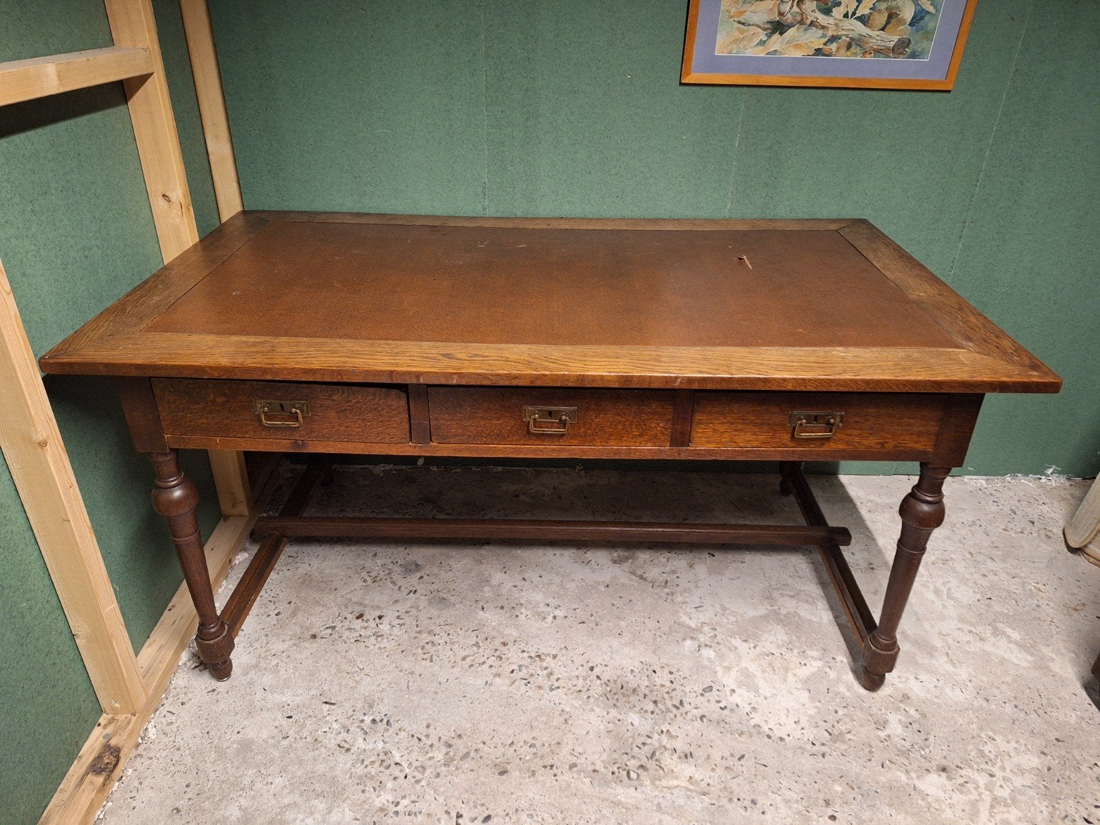 Antiek bureau met lades tafel met lades leren bald eiken eik, Ophalen