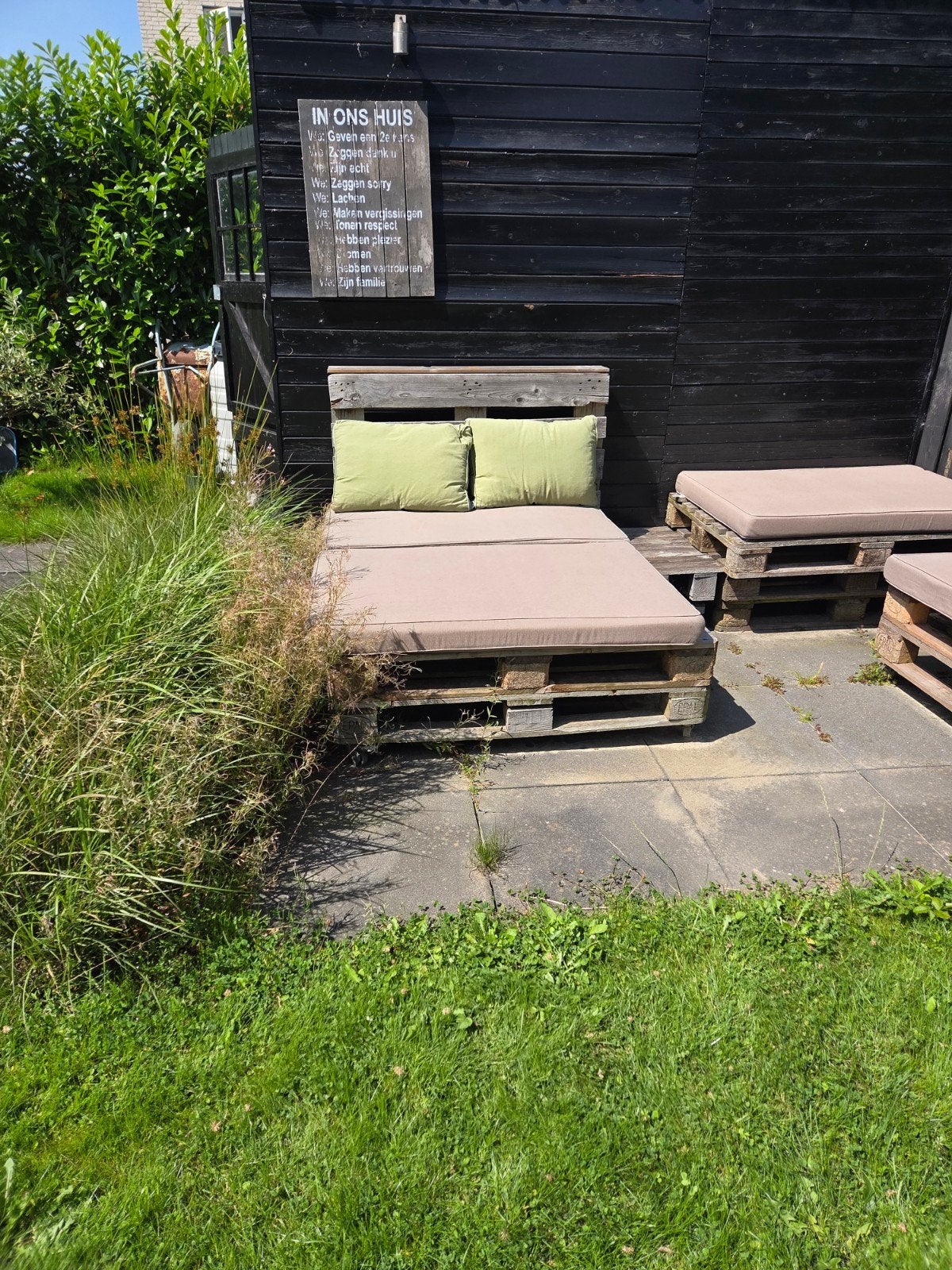 palletbank/tafel met wielen, kussens., Ophalen, Hout