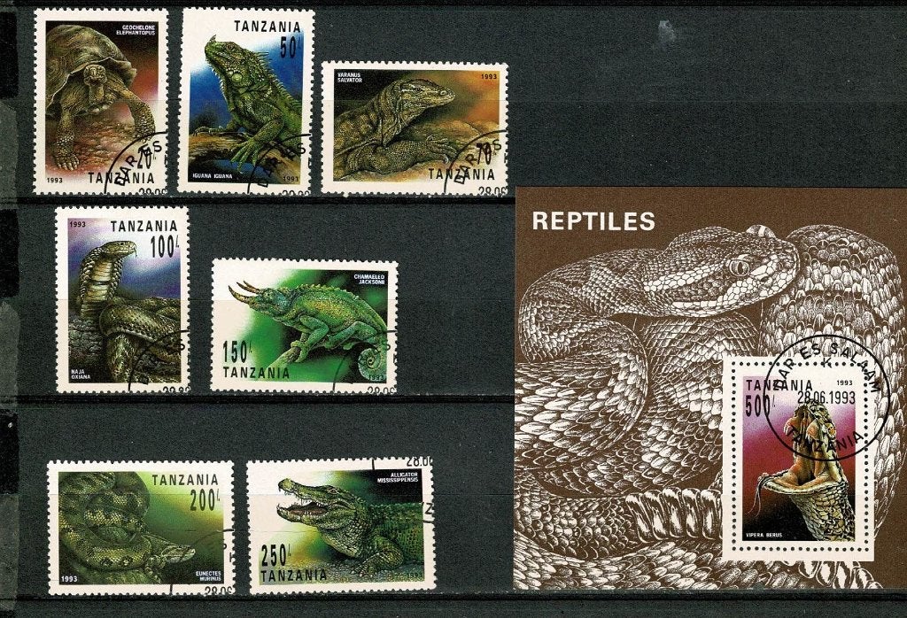 Reptielen : 1993 - serie + blok - Tanzania, Verzenden, Gestempeld, Dier of Natuur