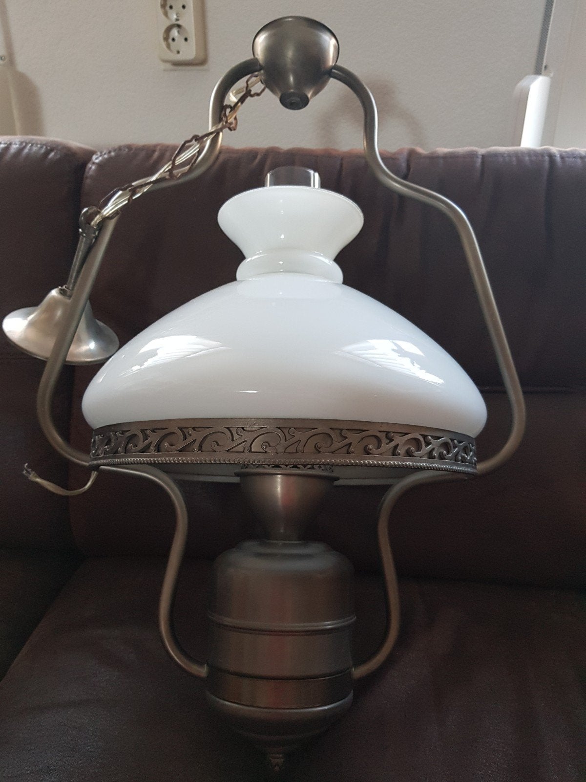 Tinnen hanglamp met glazen kap., Ophalen, Gebruikt