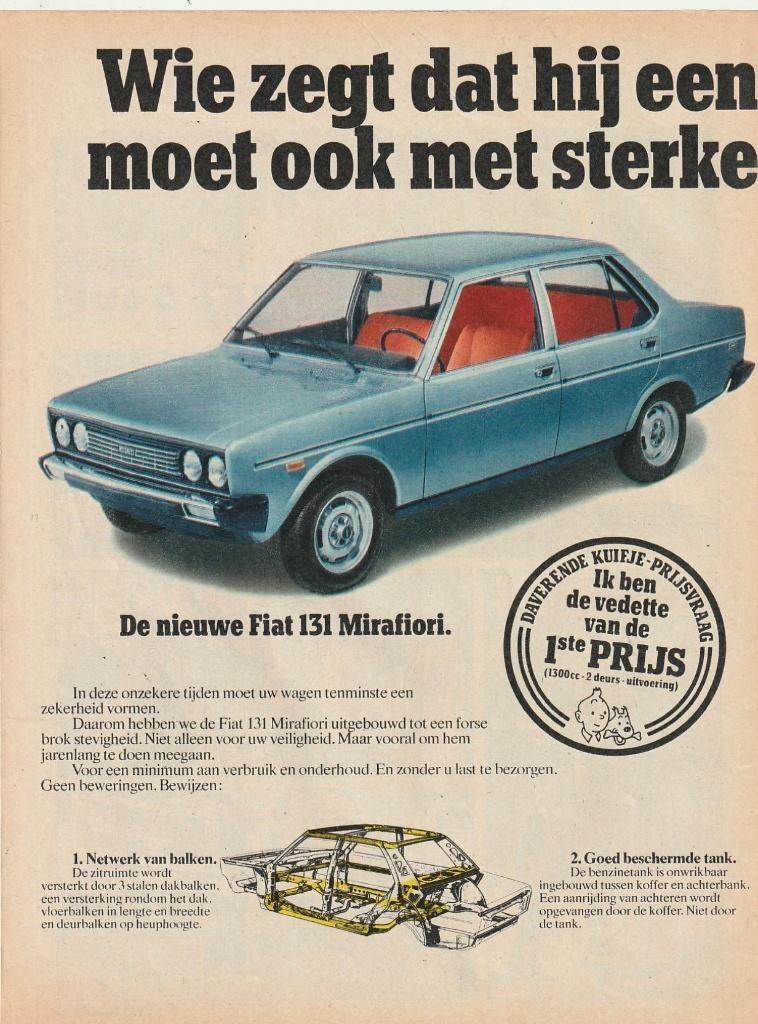 Retro reclame 1975 Fiat 131 Mirafiori auto Kuifje vedette, Verzenden, Overige typen
