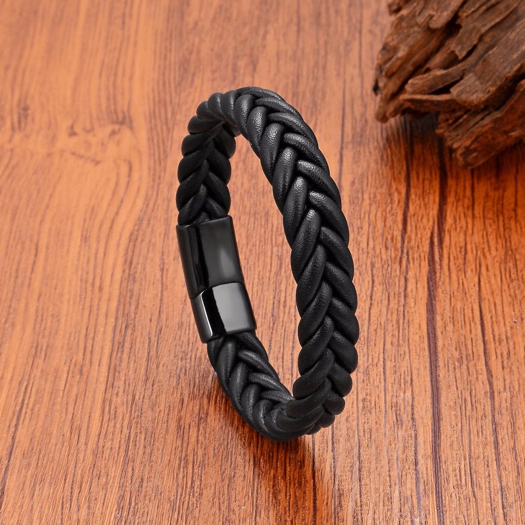 Gevlochten Leren Zwarte Armband Met Zwarte Sluiting, Verzenden, Nieuw, Zwart, Leer