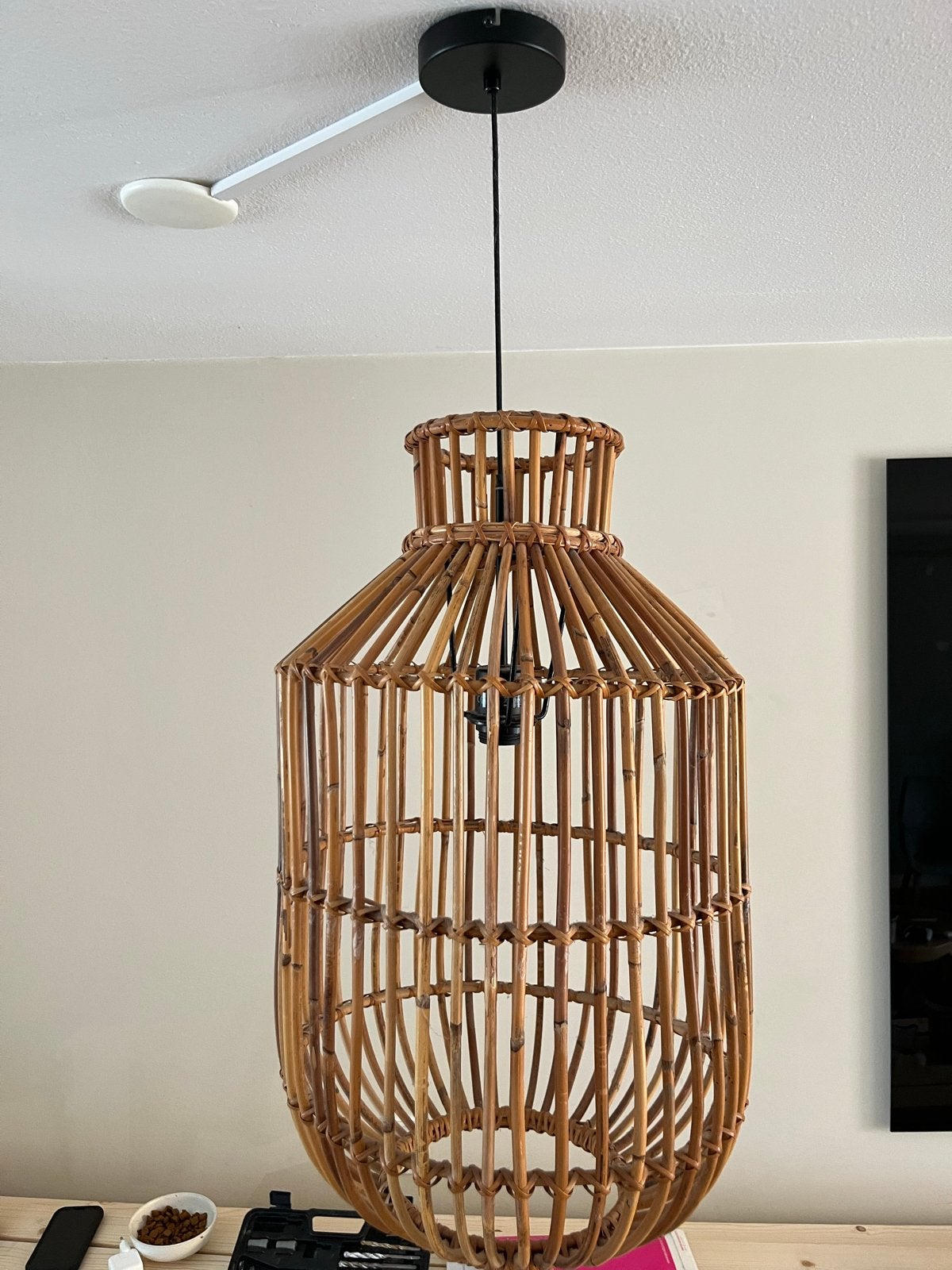 Rotan hanglamp - Boheemse stijl, Ophalen of Verzenden, Zo goed als nieuw, Natuurlijk materiaal, E27 (groot)