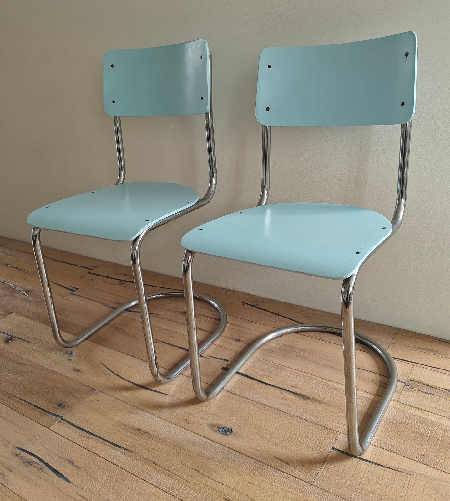 Set van 2 orginele vintage buisframe stoelen - lichtblauw, Ophalen