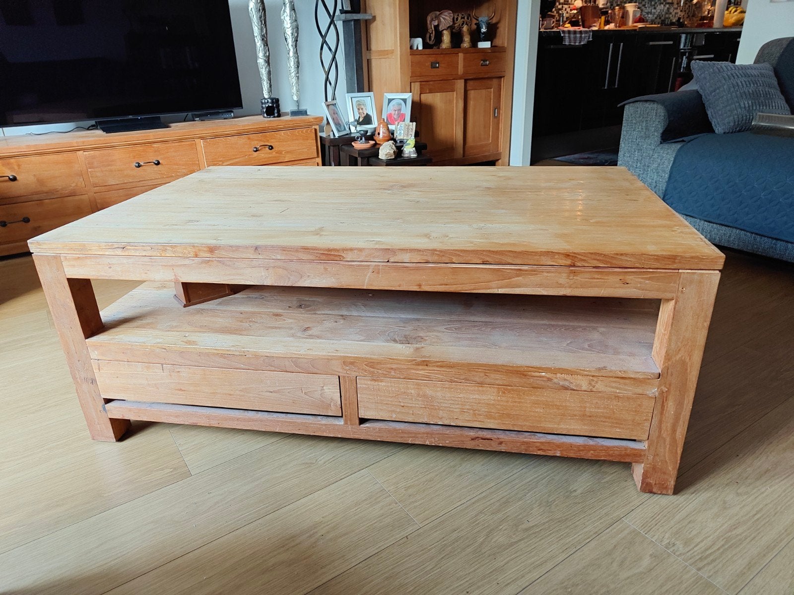 Robuuste teak houten salontafel met opbergruimte, Ophalen, Gebruikt, 50 tot 100 cm, 100 tot 150 cm
