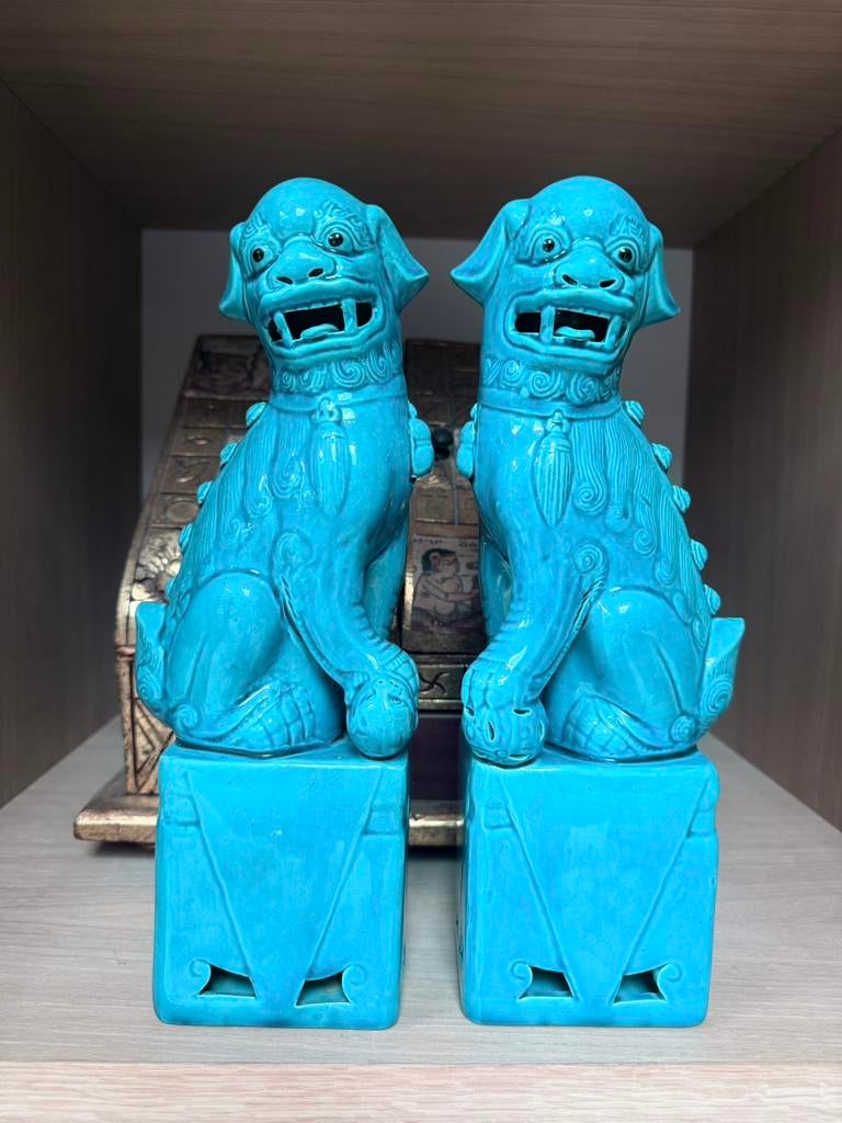 Jaren 60 Chinees paar foodogs, turkoois glazuur Feng Shui, Ophalen, Zo goed als nieuw