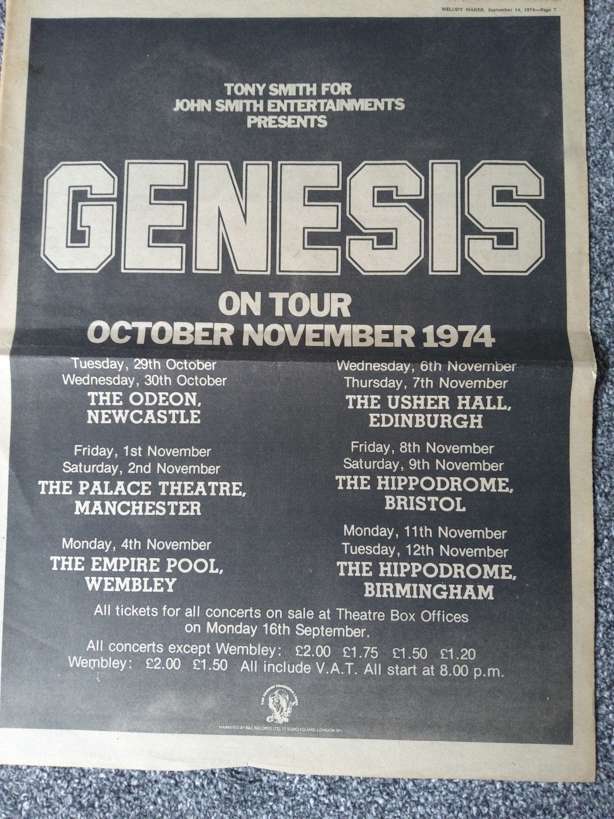 Genesis:  Promo 1974  tour  A3  formaat, Ophalen of Verzenden, Foto of Kaart