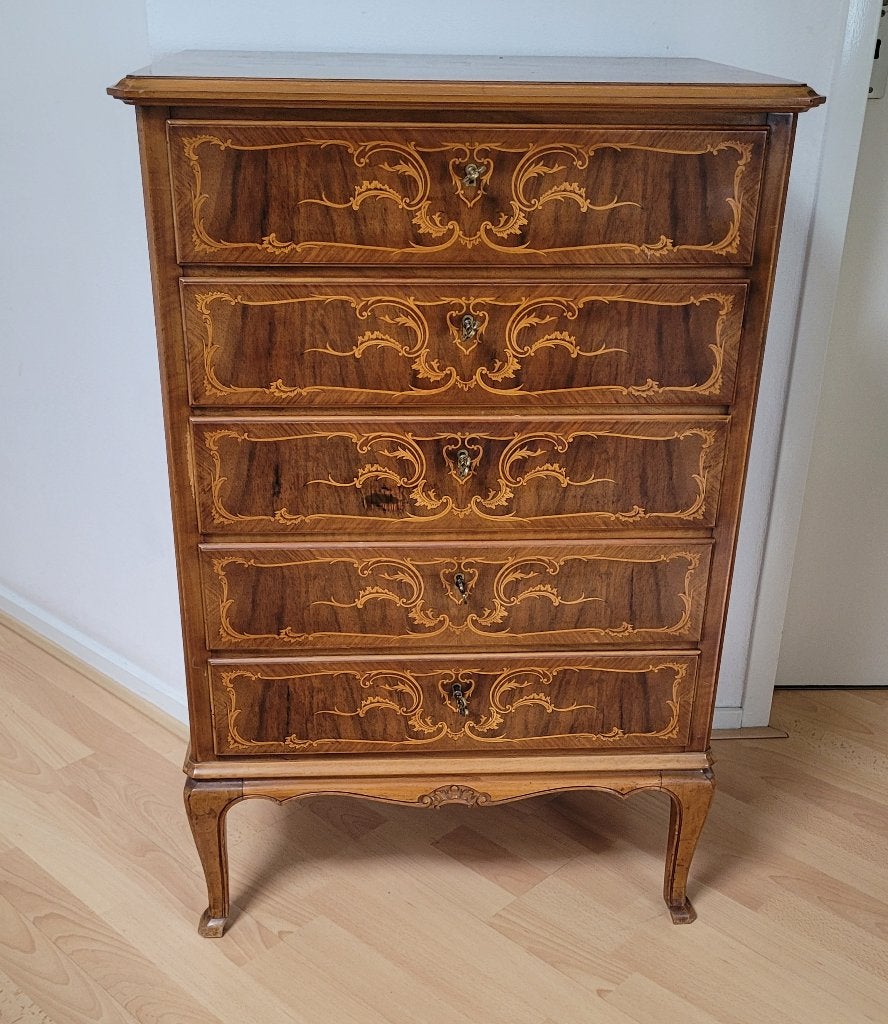 Chinees kastje met ingelegd hout, Ophalen, 5 laden of meer, Teakhout, 50 tot 100 cm