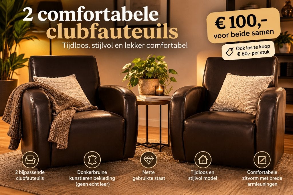 Twee donkerbruine clubfauteuils – kunstleer – nette staat, Ophalen, Kunststof, Gebruikt, Minder dan 75 cm