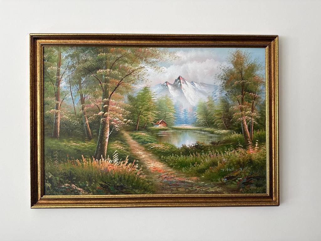 Schilderij met berglandschap en meer, gesigneerd J. Hall., Antiek en Kunst, Kunst | Schilderijen | Klassiek, Ophalen
