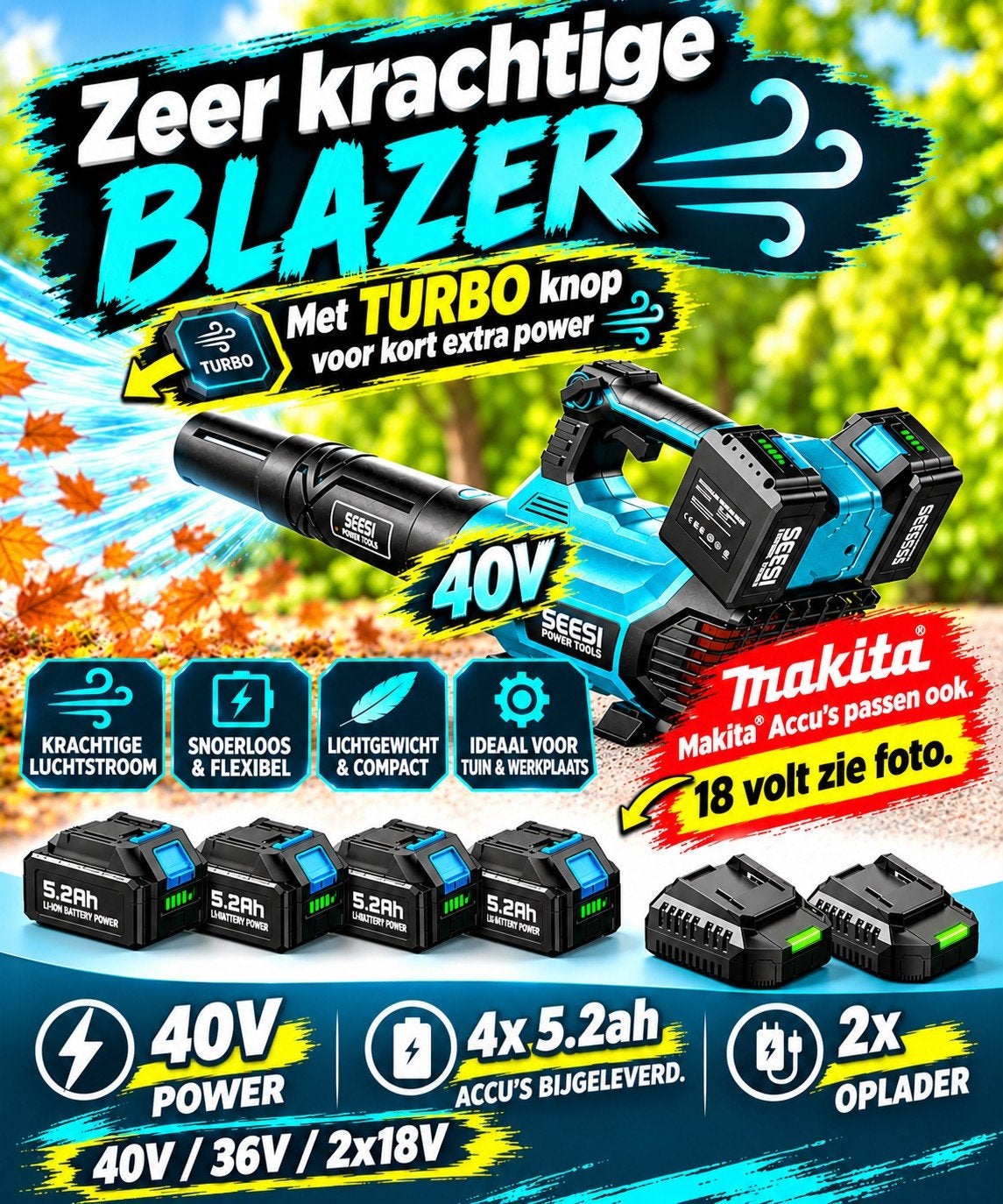 Bladblazer 40V 36V(2x18V) incl 4 x 5.2Ah accu en 2 opladers., Nieuw, Ophalen of Verzenden, Seesii for Makita®, Accu