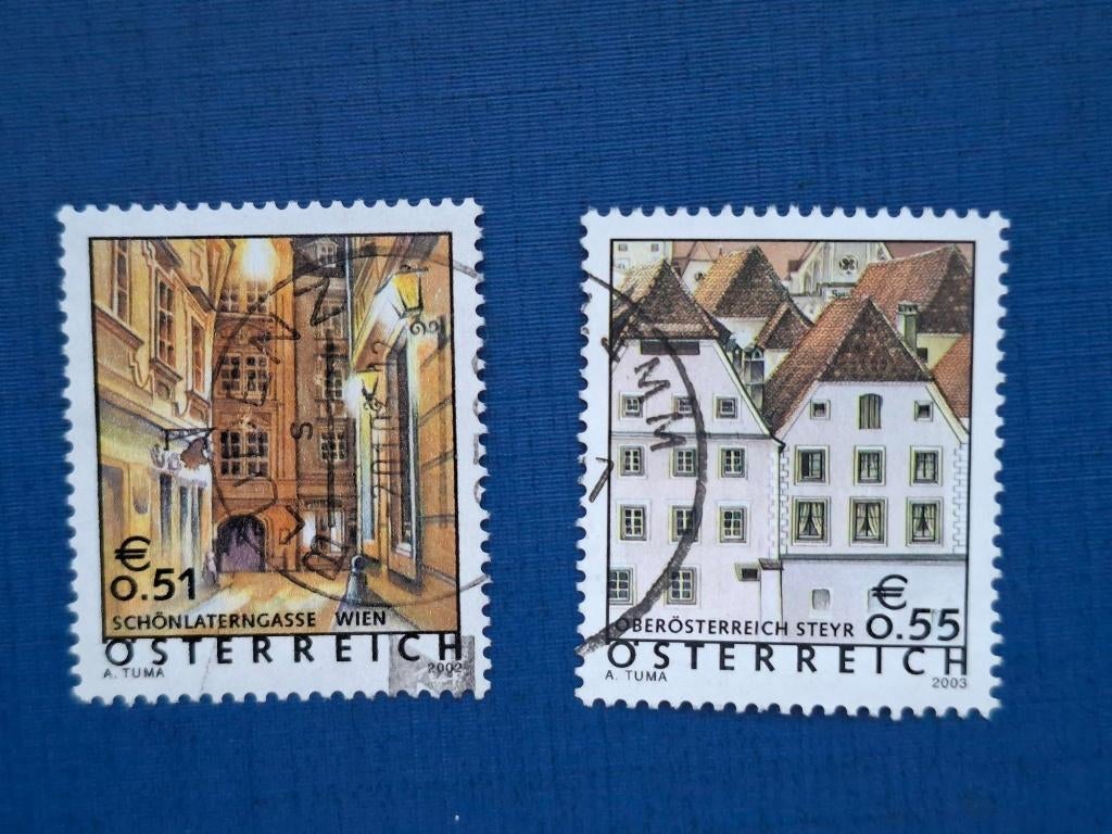 Postzegel Oostenrijk 2002 en 03 2 Gebouwen zegels 05-05, Ophalen of Verzenden, Gestempeld