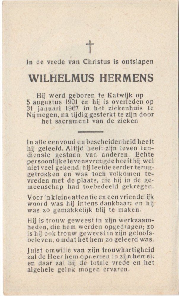 Wilhelmus Hermens 1901 Katwijk + 1967 Nijmegen, 65 jaar oud, Ophalen of Verzenden
