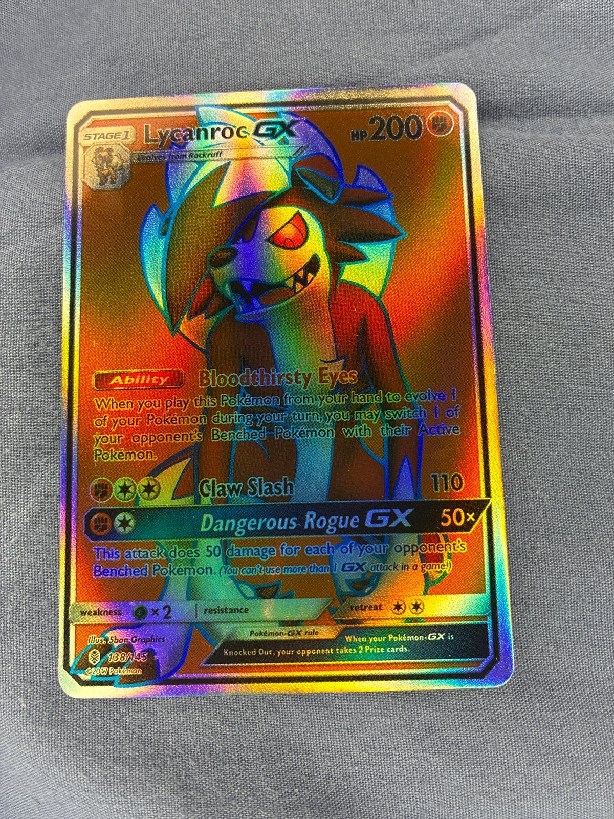 Pokémon Lycanroc GX Full Art 188/145 Sun & Moon, Ophalen of Verzenden, Zo goed als nieuw, Losse kaart, Foil
