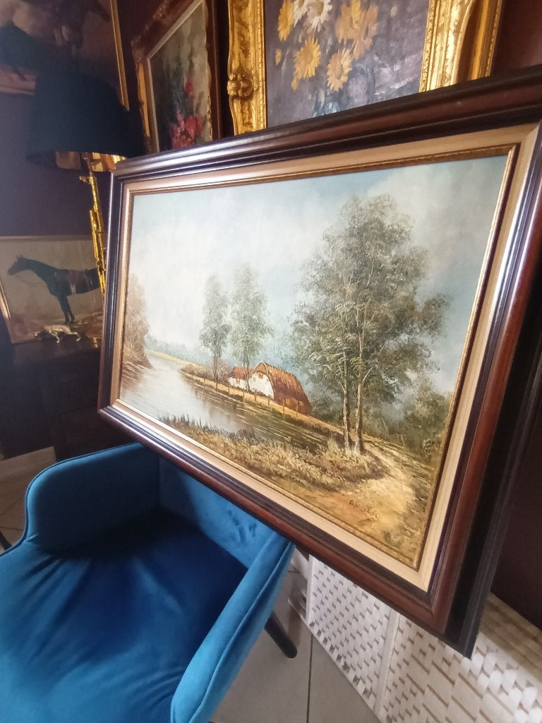Schilderij classic , groot , breedte 108cm , hoogte 84cm., Ophalen, Gesigneerd, Landschap, Olieverf