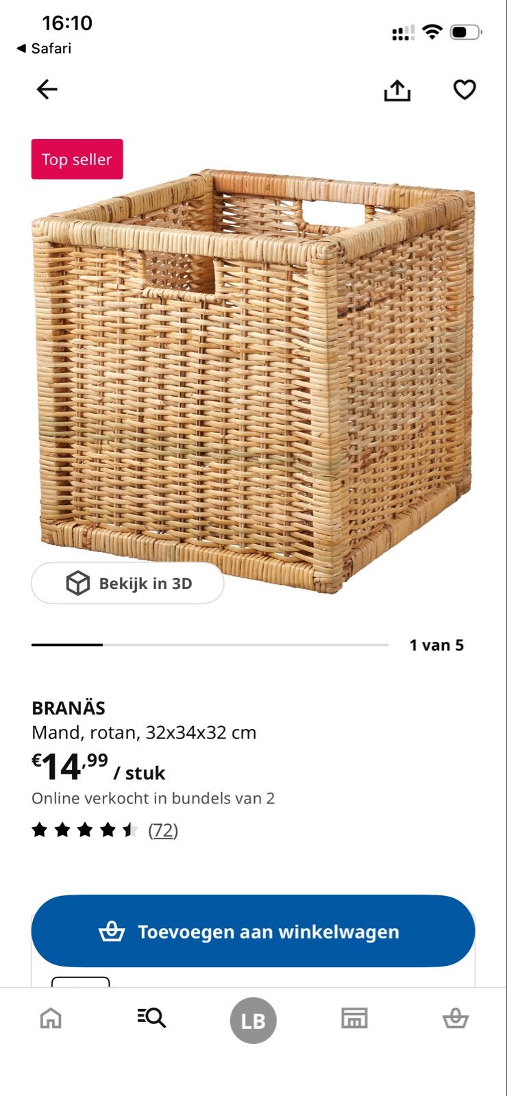 IKEA BRANÄS Mand van rotan, zo goed als nieuw, Huis en Inrichting, Woonaccessoires | Schalen en Manden, Gevlochten, Mand, Vierkant