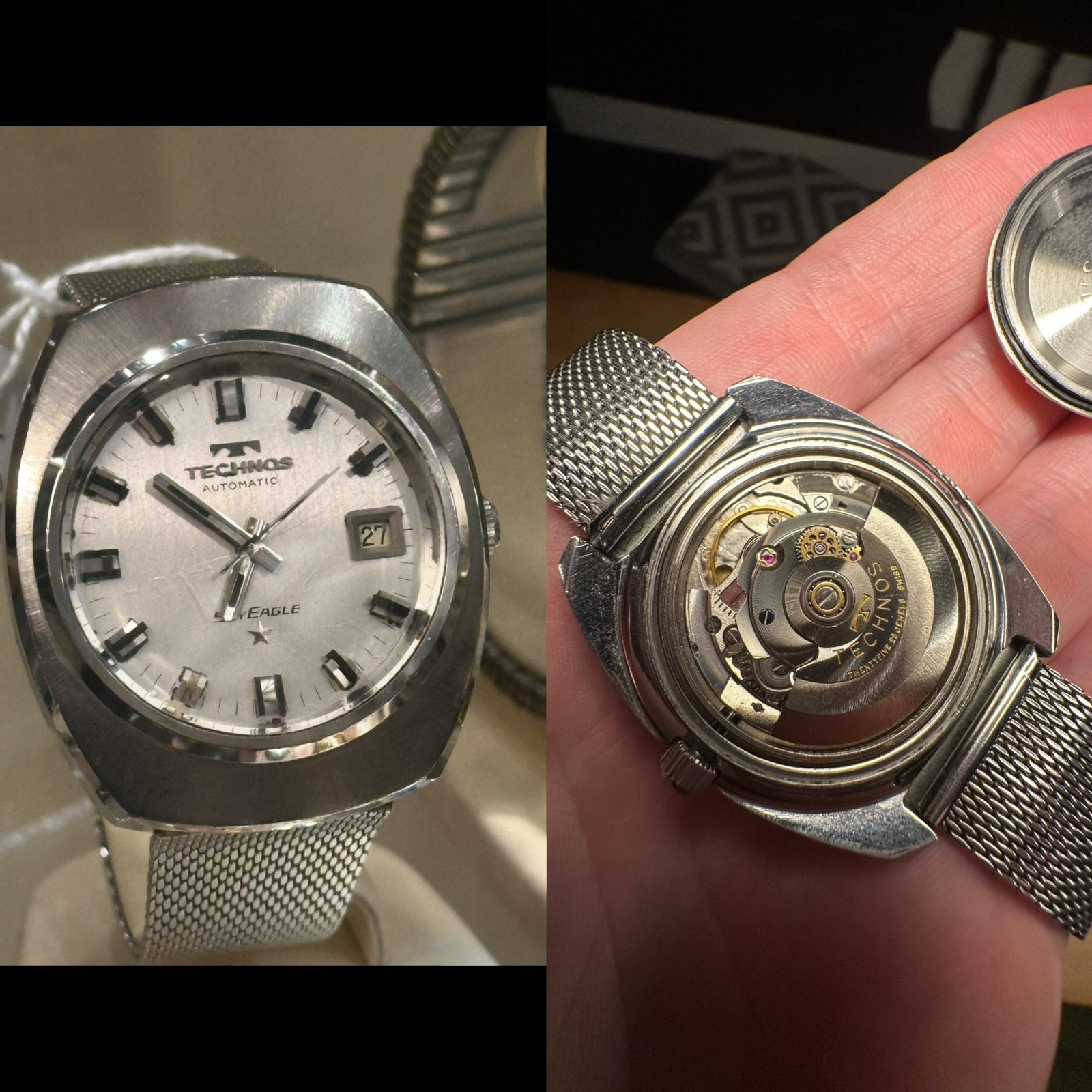 Technos skyeagle automatic 70s vintage horloge, Overige merken, Staal, Gebruikt, Staal