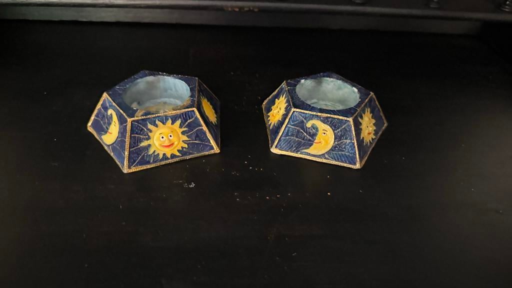Set van 2 unieke zon en maan theelichthouders, Overige materialen, Gebruikt, Blauw, Ophalen of Verzenden