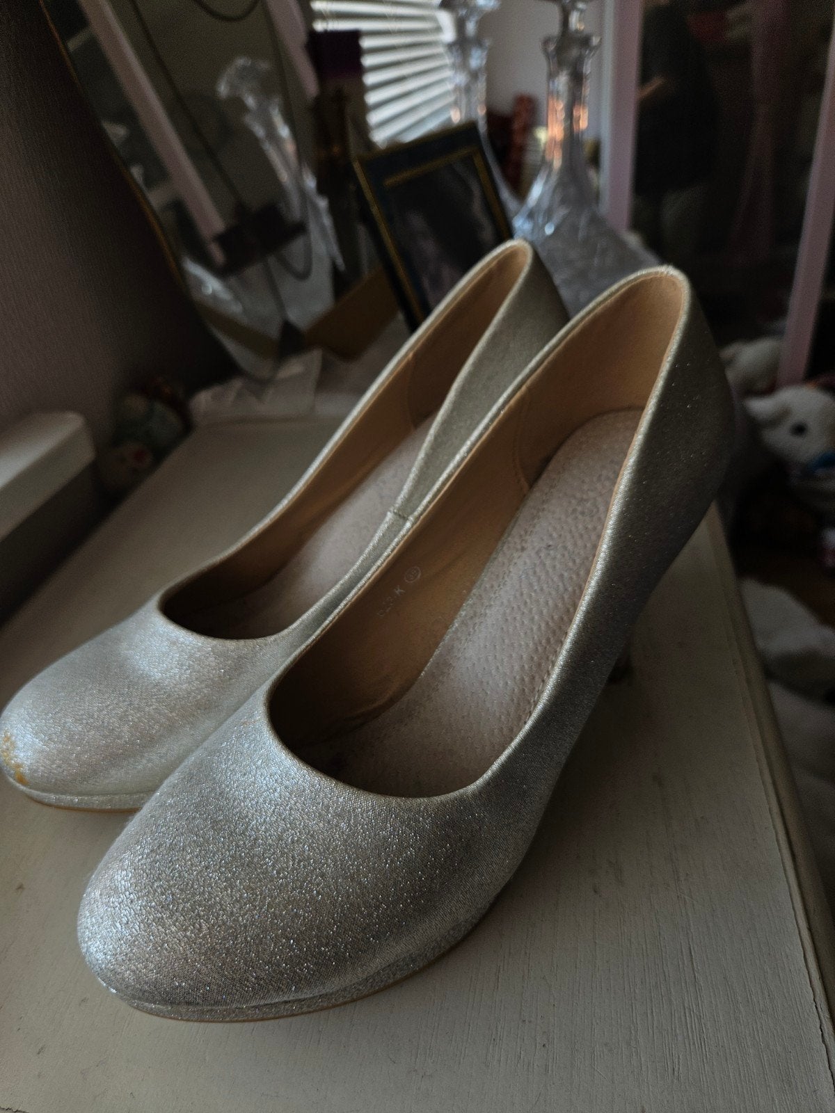 Zilver/beige kleurige glitter pumps met hak, Beige, Dansschoenen, Ophalen of Verzenden, Onbekend