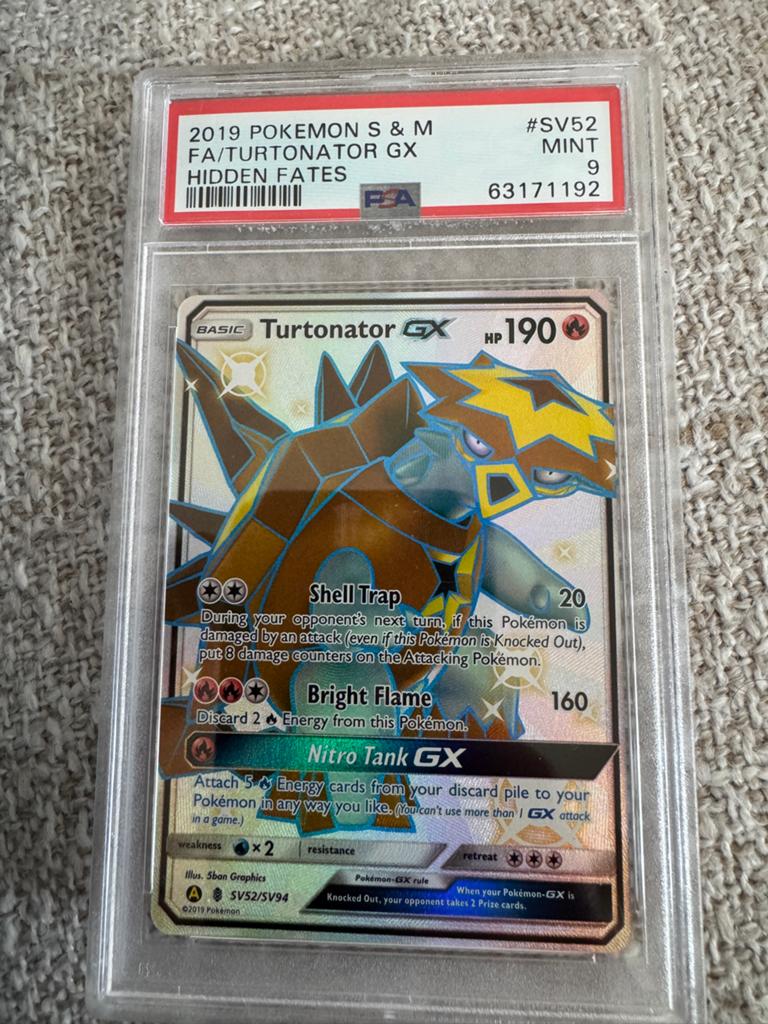 Turtonator GX SV52/SV94 PSA 9 MINT Hidden Fates, Ophalen of Verzenden, Zo goed als nieuw, Losse kaart, Foil