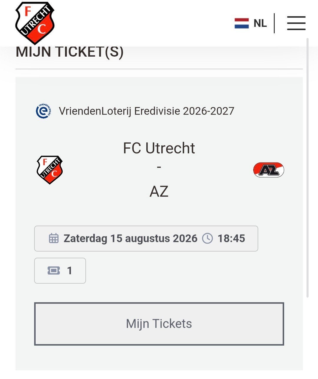 fc utrecht az ticket bunnikside, Losse kaart, Eén persoon, Augustus