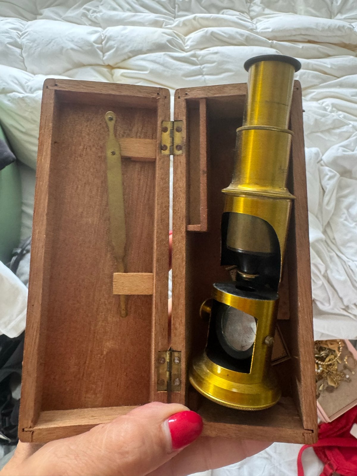 Antieke messing trommel microscoop in houten kistje, Ophalen of Verzenden, Gebruikt, Minder dan 400x, Biologische microscoop