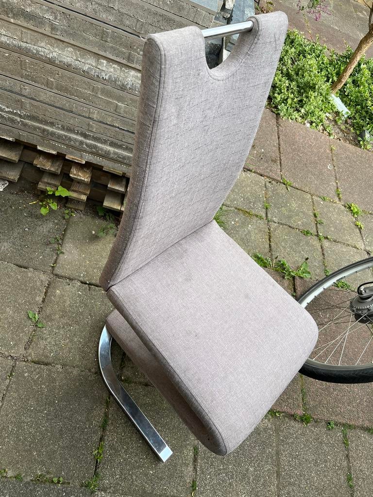 Moderne eetkamerstoel 4 - Grijs stof met metalen onderstel, Gebruikt, Ophalen of Verzenden, Eén, Stof