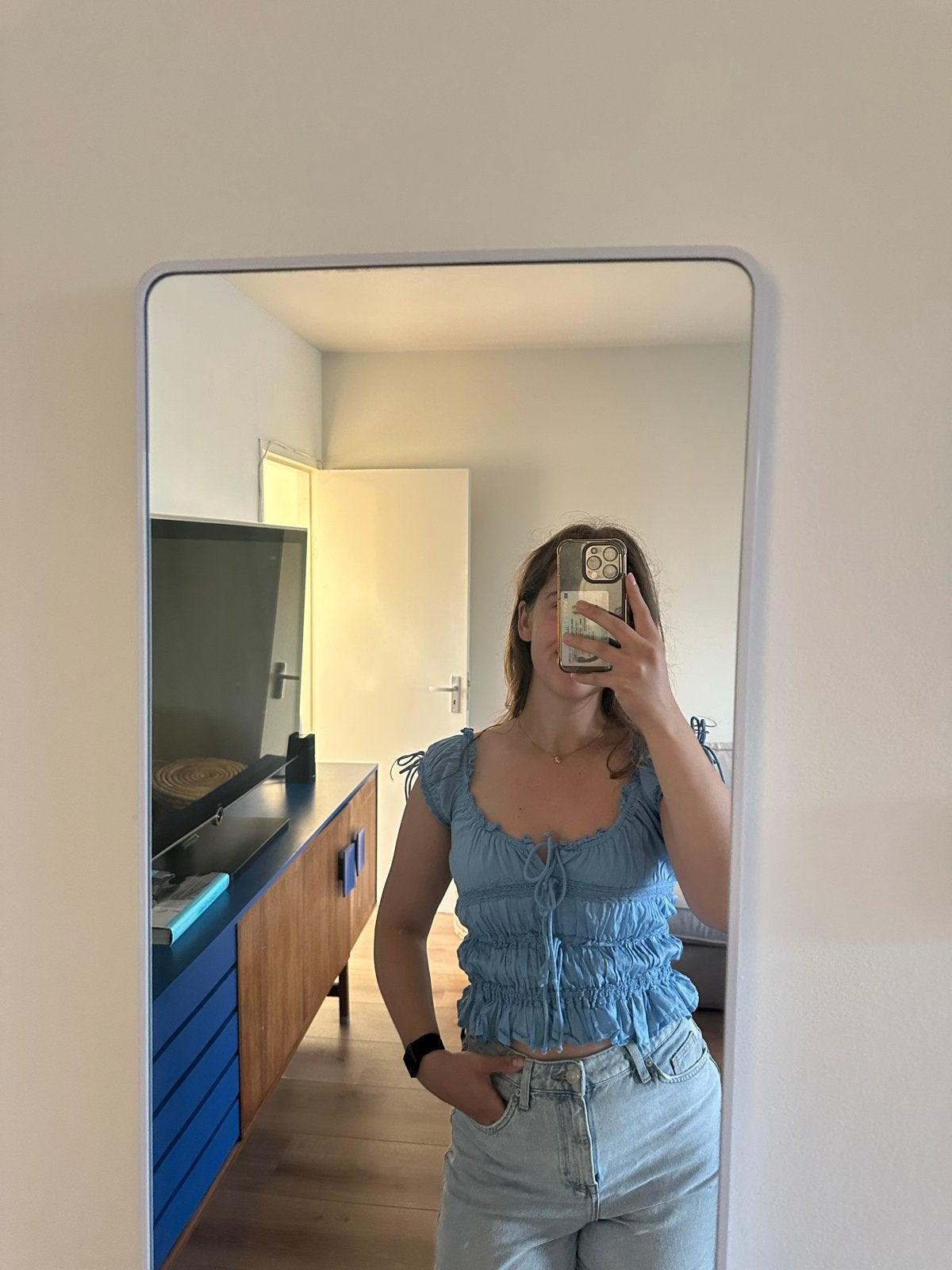 Urban Outfitters Lichtblauwe Top met Ruches en Strikjes, Blauw, Ophalen of Verzenden, Zo goed als nieuw, Korte mouw