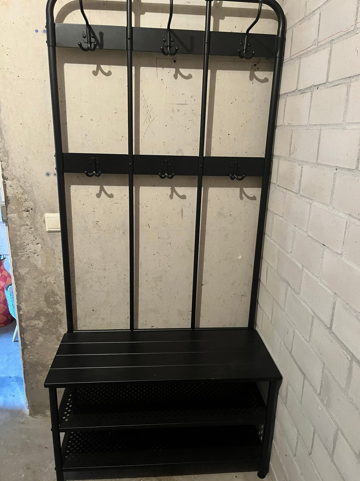 Zwarte kapstok met schoenenrek en zitbankje, Huis en Inrichting, Ophalen, Gebruikt, Metaal, Staande kapstok