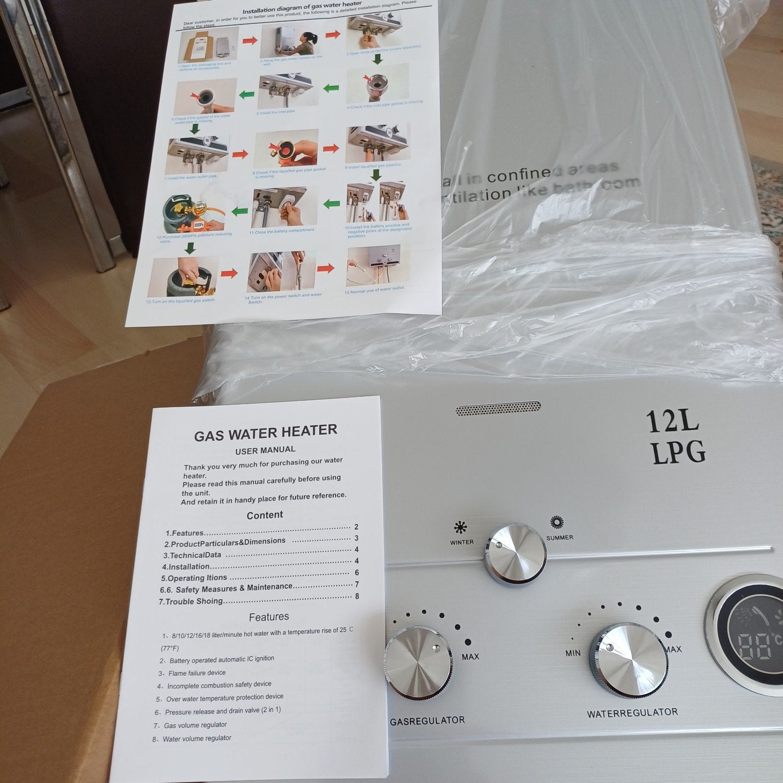 Nieuwe 12L LPG Gas Geiser - Direct Warm Water, Ophalen of Verzenden, Minder dan 3 jaar oud, Minder dan 20 liter, Nieuw