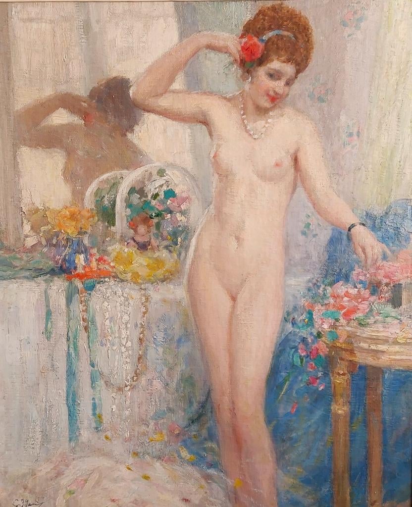 -Gennaro Béfanio 1866 -1949 - ''poserend naakt in boudoir.'', Antiek en Kunst, Kunst | Schilderijen | Klassiek, Ophalen of Verzenden