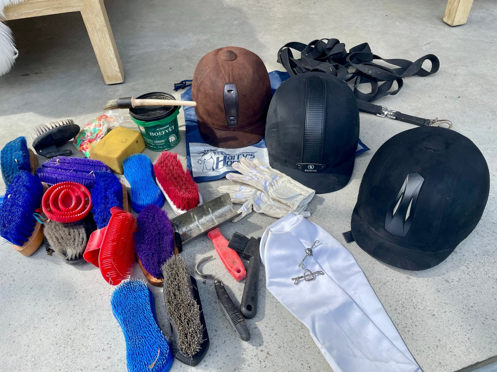 Paardrijspullen, caps, speldjes, longeerlijn, alles €25, Dieren en Toebehoren, Ophalen, Gebruikt, Dressuur