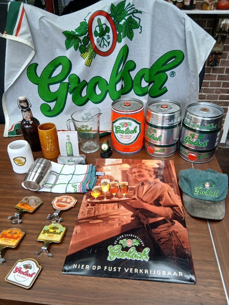 Grolsch verzameling , vlag, plaat, bruine pul, horloge e.d., Ophalen of Verzenden, Gebruikt, Overige typen, Grolsch