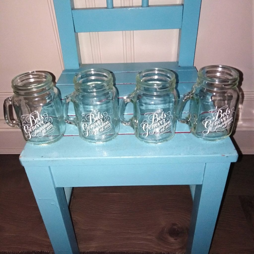 Bols Genever mason jar drinkglaasjes klein model 4 stuks, Verzamelen, Ophalen, Zo goed als nieuw, Overige typen