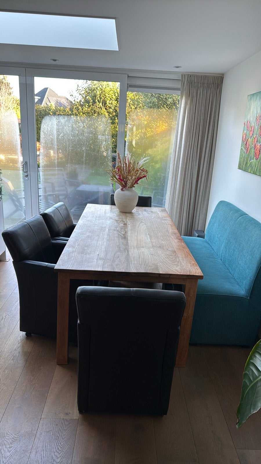 Turquoise eetkamerbank 140 cm - Comfortabel en stijlvol, Ophalen, Minder dan 75 cm, Tweepersoons, Zo goed als nieuw