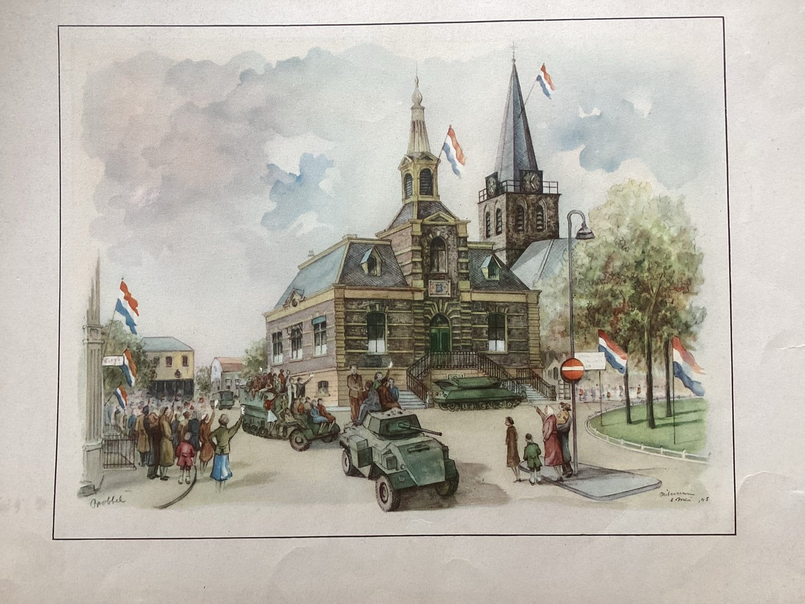 Historische prent: Bevrijding Hilversum 1945, Ophalen of Verzenden, Print/reproductie