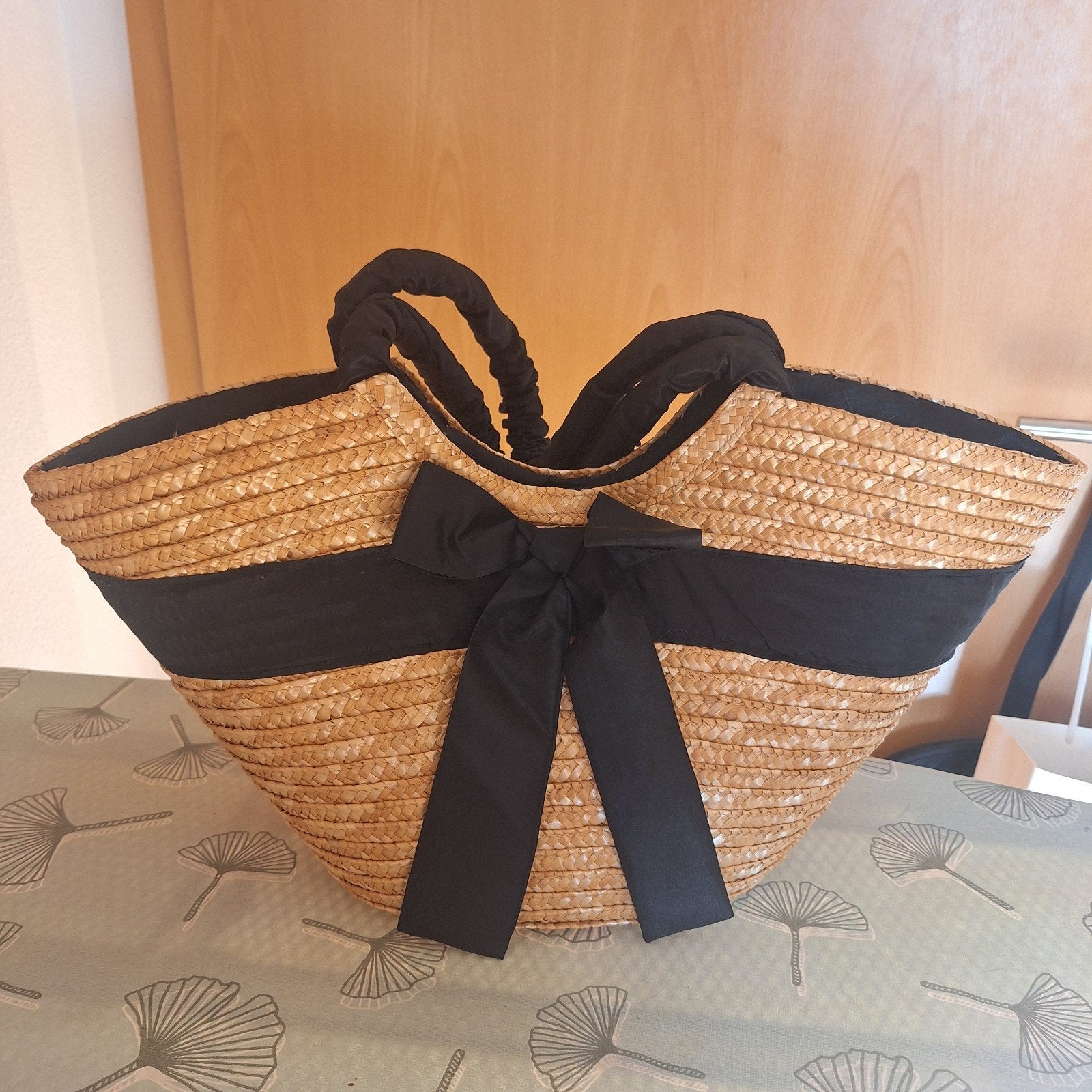 Stro shopper met zwarte hengsels, Ophalen of Verzenden, Zo goed als nieuw, Bruin, Shopper