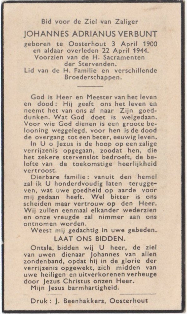 Johannes A. Verbunt 1900 Oosterhout + 1944 Oosterhout, 44 jr, Ophalen of Verzenden