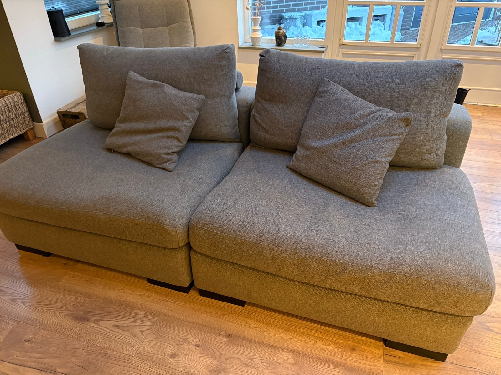 Comfortabele grijze stoffen bank - 2-zits, Ophalen, Gebruikt, 150 tot 200 cm, Tweepersoons