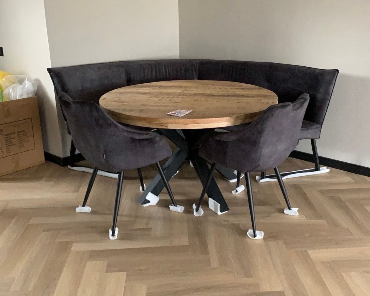 Ronde eettafel met spinpoot 130cm - mangohout industrieel, Rond, Ophalen of Verzenden, Zo goed als nieuw, Vijf personen of meer