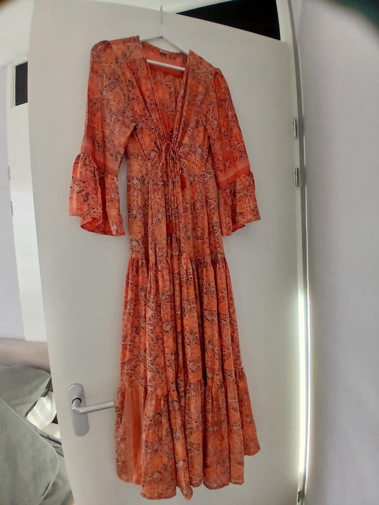 Maxi jurk met bloemenprint en wijde mouwen, Maat 42/44 (L), Nieuw, Oranje, Ophalen of Verzenden