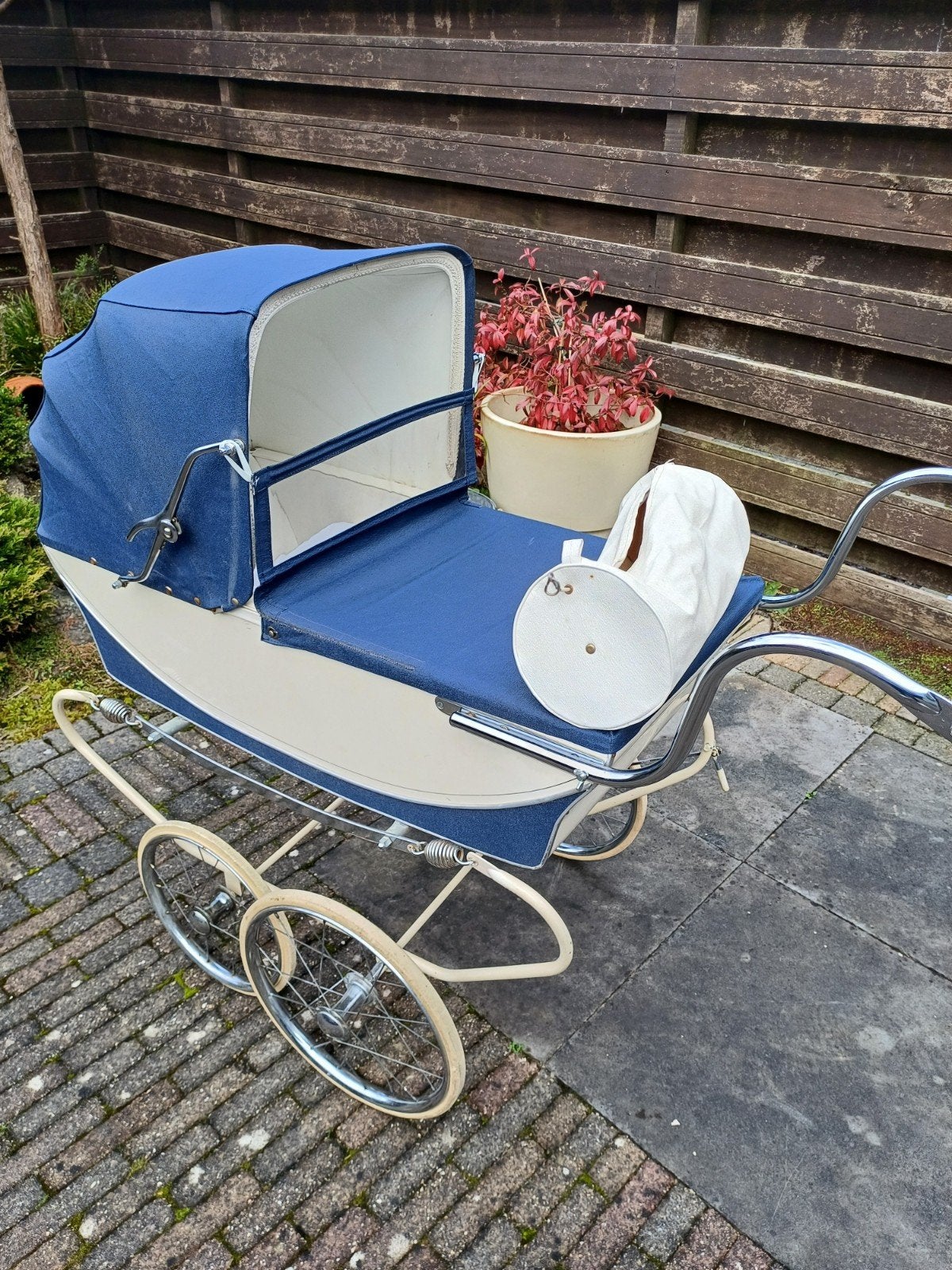 Vintage Kinderwagen Blauw/Crème met Zitje en Wieg, Ophalen of Verzenden, Gebruikt, Overige merken
