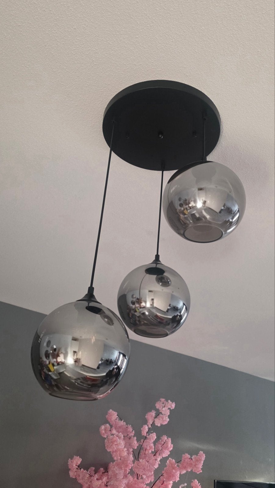 Plafondlamp 3 bollen spiegel Grijs zwart, Ophalen, Zo goed als nieuw
