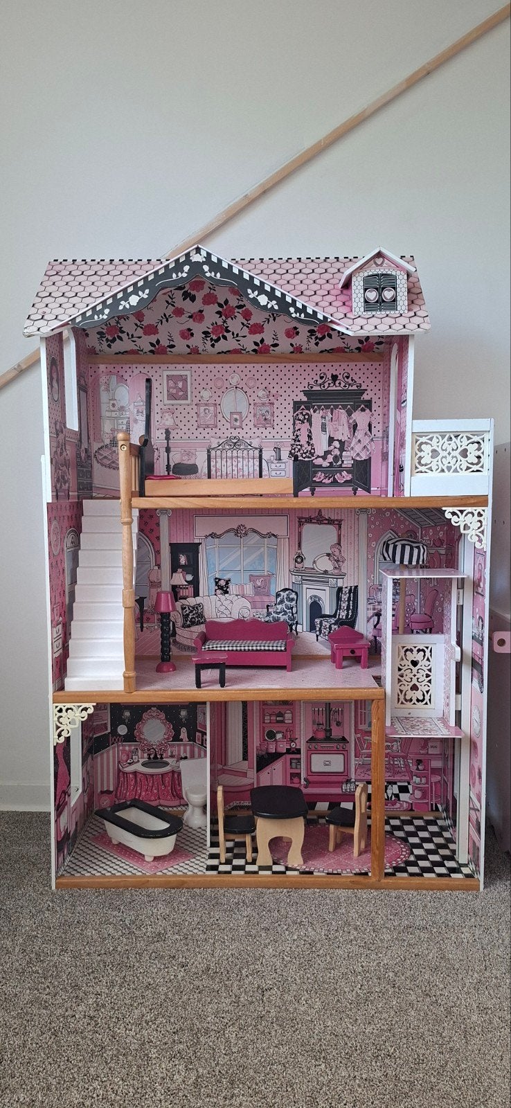 Groot Roze Poppenhuis met Meubels - Gebruikt, Ophalen, Gebruikt, Poppenhuis