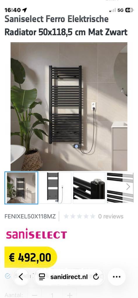 SaniSelect Ferro Elektrische Radiator 50x118,5 cm Mat Zwart, Radiator, Nieuw, Minder dan 60 cm, Ophalen of Verzenden
